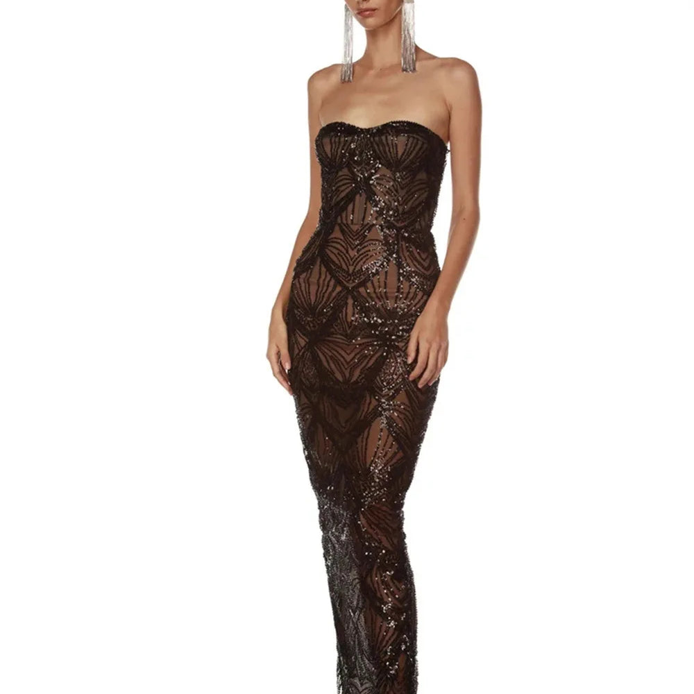 Shining Black Sequins Sexy Mesh See Through Straplerss Ankle Length Dress Woman Birthday Party Dress Celebrity Party Vestido