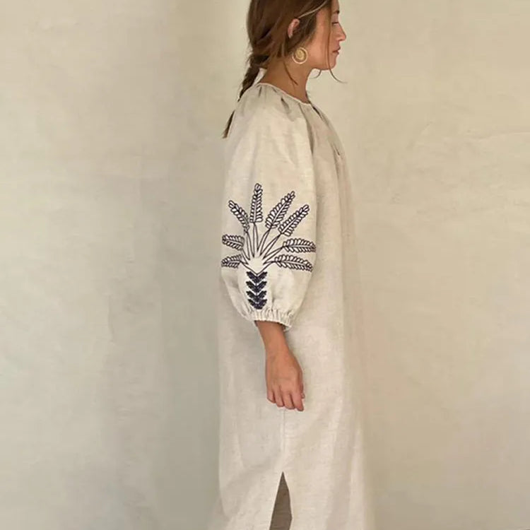 Fashion Linen Printed Women's Slit Maxi Dress Casual Loose V Neck Long Cuff Sleeves Vestidos Spring Lady Vacation Chic Robe Beige