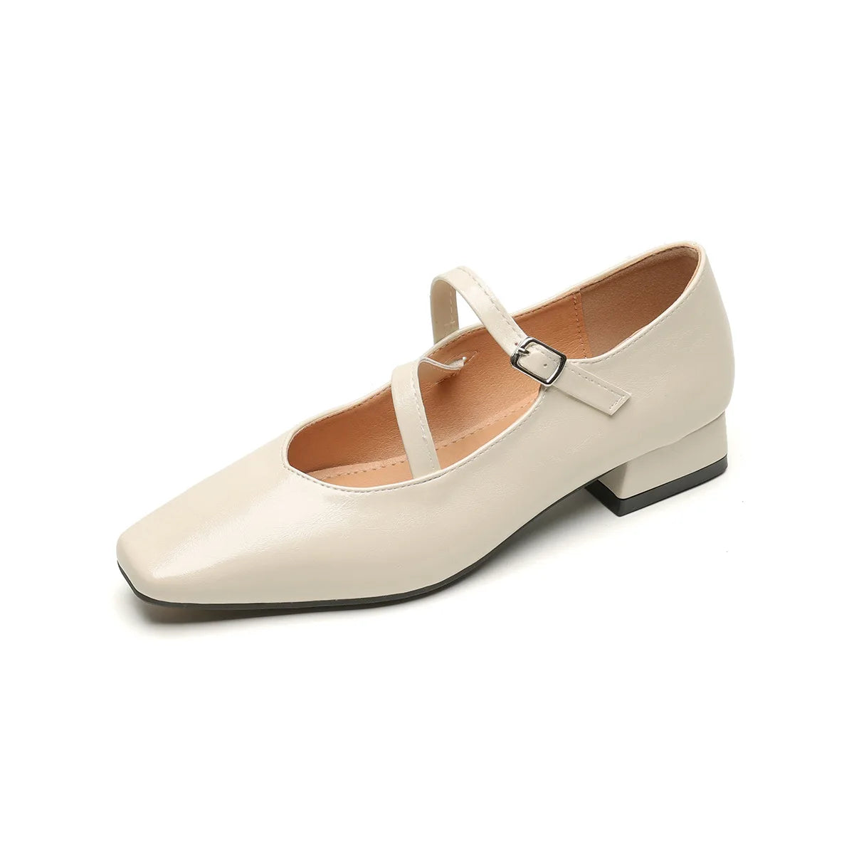 New spring women's outerwear shoes Square toe design Mary Jane shoes Ladies casual high heels Work boat shoes Large sizes 41-43 Ivory