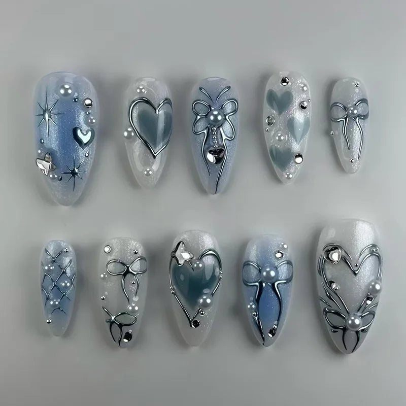 24Pcs 3D Green Ripple Design False Nails Cat's Eye French Almond Fake Nail Tips Leaves Pattern Removable Oval Press on Nails 1052