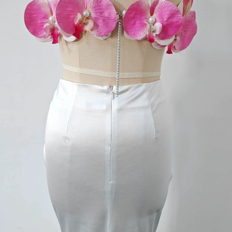 Hit Color Spliced Applique Two Piece Sets for Women Square Neck Sleeveless Vest High Waist Skirt Elegant Set Femlae