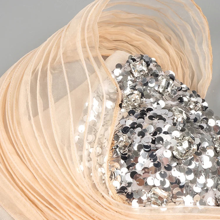 Vintage-Glam Beige Sequin Off Shoulder Strapless Mesh Design Mermaid Dress Evening Gown