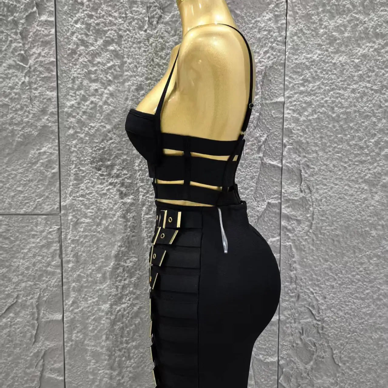 Black Color Women Sleeveless Sexy Strap 2 Pieces Bodycon Mini Bandage Dress Nightclub Party Birthday Fashion Outfit Vestido