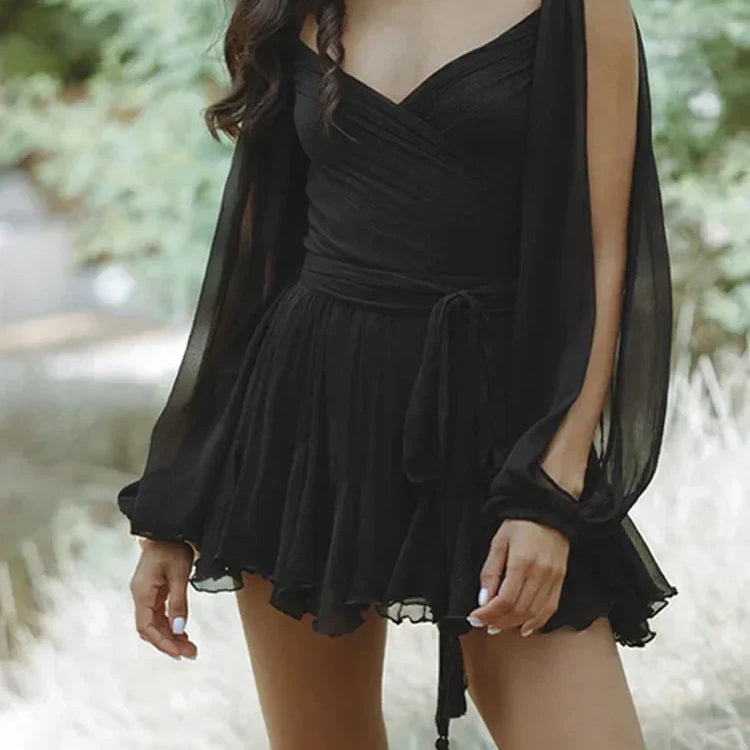 Summer Solid Pleated Mini Dress Women Sexy Slim V Neck Cut Out Long Sleeve Robes Summer Elegant Female Beach Party Streetwear