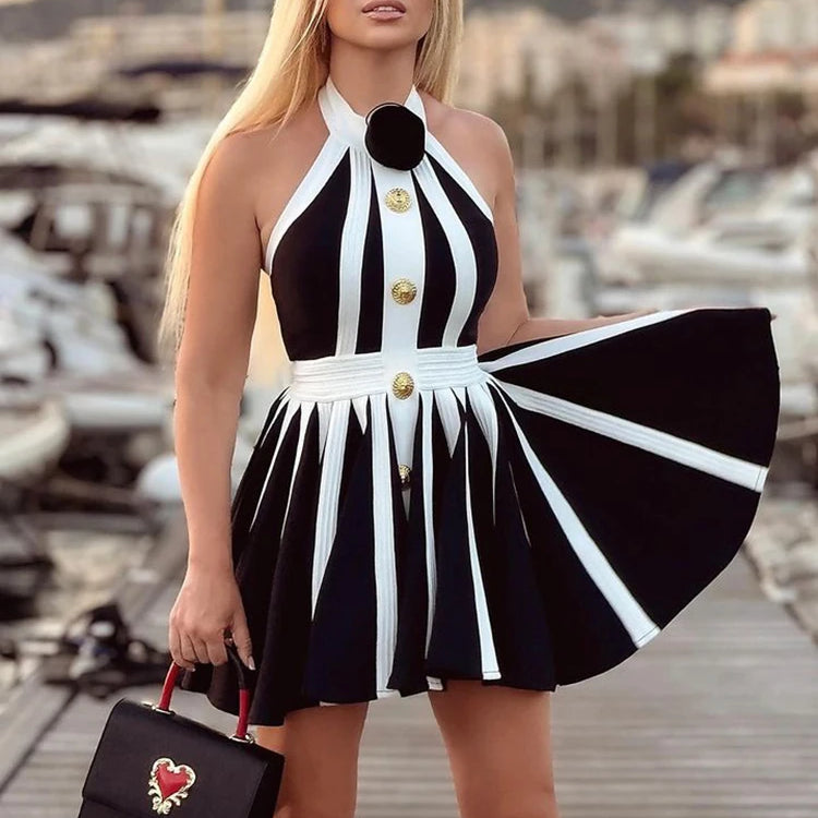 2024 New Summer Women's Black and White Stripe Button 3D Rose Halter Backless Pleated Sexy Sleeveless Knitted Mini Dress