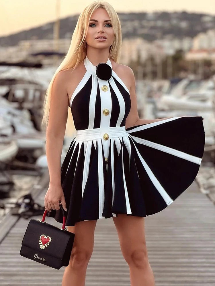 2024 New Summer Women's Black and White Stripe Button 3D Rose Halter Backless Pleated Sexy Sleeveless Knitted Mini Dress