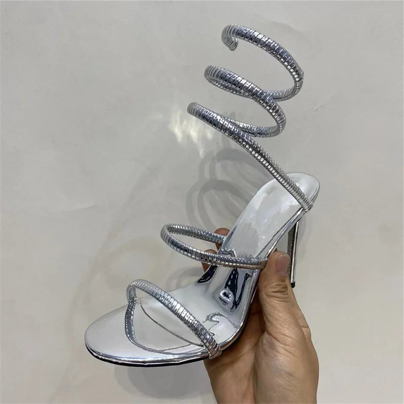Snake Strap High Heel Sandals Women Summer 2024 Ankle Strap Banquet Party Shoes Narrow Band High Heels Ladies Gladiator Sandals Silver