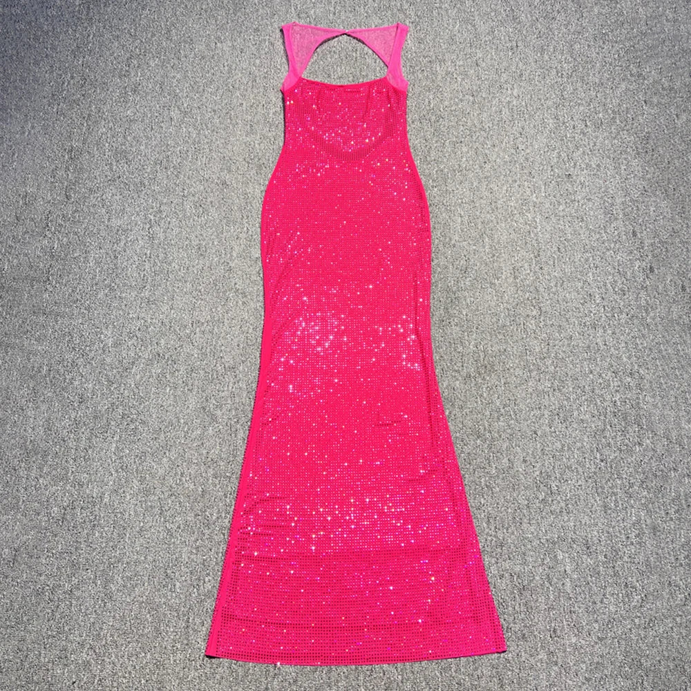 Multi Colours Shiny Rhinestones Mesh Patchwork Long Dress For Women Backless Slim Bodycon Evening Party Cocktail Gowns Fuchsia