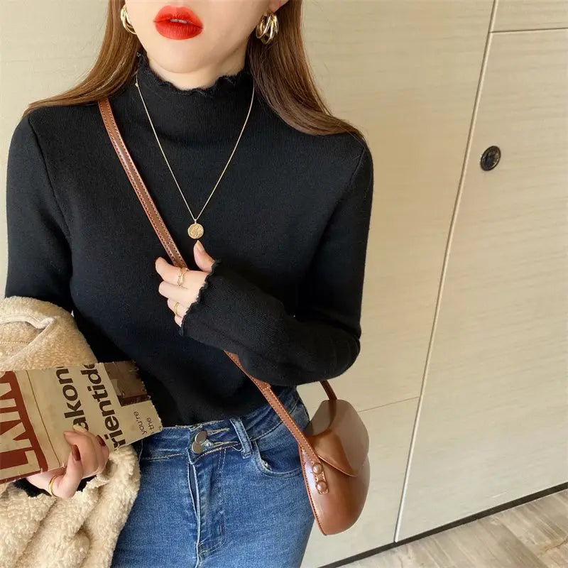 Autumn Winter Sweater Women's Velvet Half Turtleneck Bottoming Shirt Inner Plus Velvet Thick Top Thermal Women Clothes black