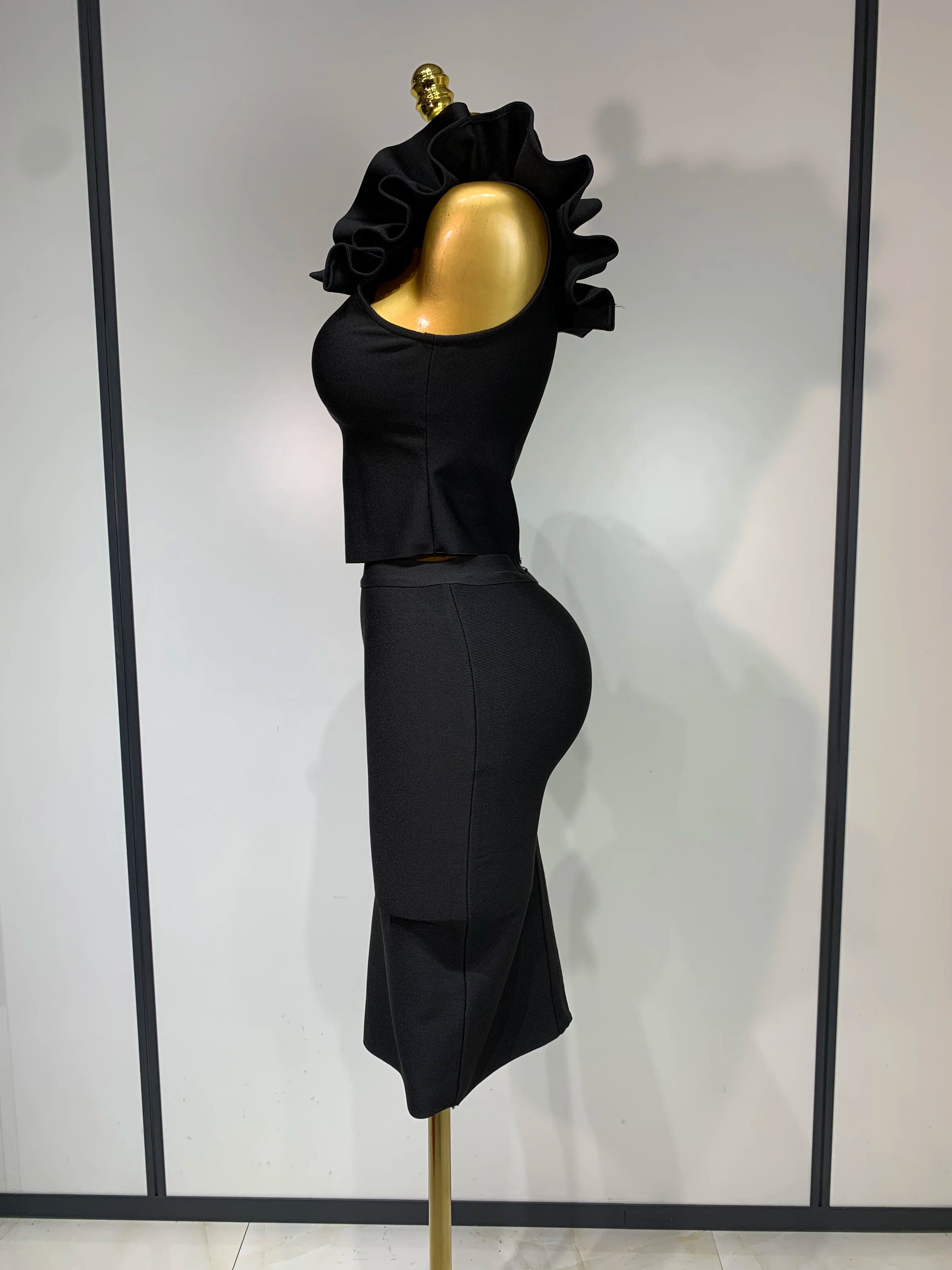 Women Sexy Sleeveless Ruffles One Shoulder Bandage Two Piece Set Fancy Club Evening Celebrity Elegant Party Bodycon Vestidos