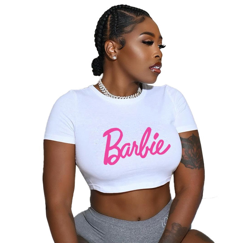 Sexy Fashion Barbie Girls Short Crop Top Anime Kawaii Ladies Slim Tank Short Sleeve Y2K Casual All-Match Summer T-Shirt Clothes white