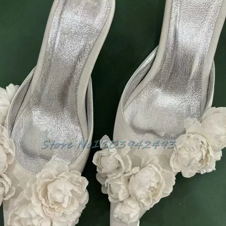 Multi Flower Wedding Sandals Satin Pointed Toe White Pull On High Heel Solid Slip On Blossom Shallow Outdoor Dress Party Mules