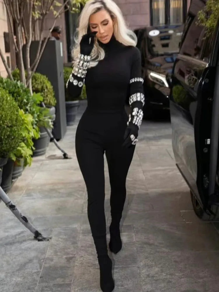 Celebrity Red Carpet Jumpsuit Women Long Sleeve Sexy Big Crystal Bodycon Bandage Jumpsuit Nightclub Party Celebrate Wear