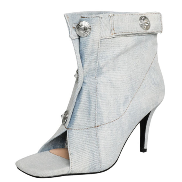 Women's Summer European and American Vintage Denim Slim High Heel Button Sandals Fashion New Open Teeth Large Size Sandals 137-Baby blue