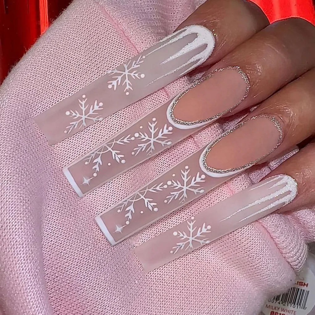 24pcs Pink Santa Claus False Nails Merry Christmas Snowflake Press on Nails Wearable European Long French Ballet Fake Nail Tips