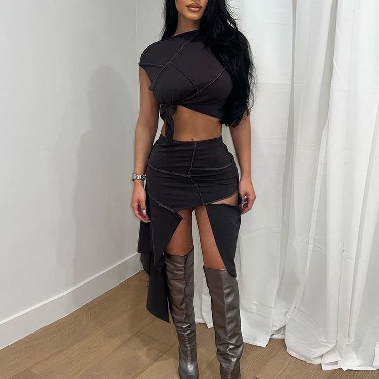 Two Piece Set Women Ripped Grunge Outfits Sexy Sleeveless Slim Crop Top+High Waist Cut Out Midi Skirts 2024 Spring Fall Y2K Suit