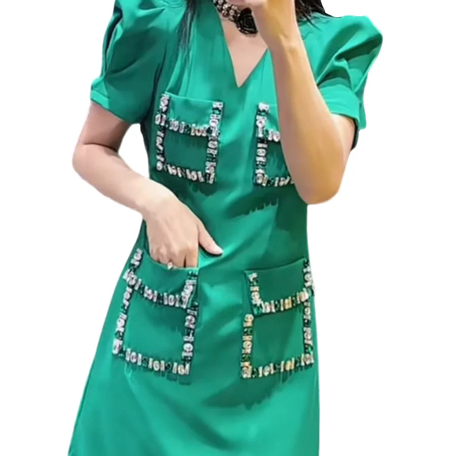 Solid Slimming Spliced Pockets Dresses for Women V Neck Short Sleeves Patchwork Bead Elegant Dress Female Clothing