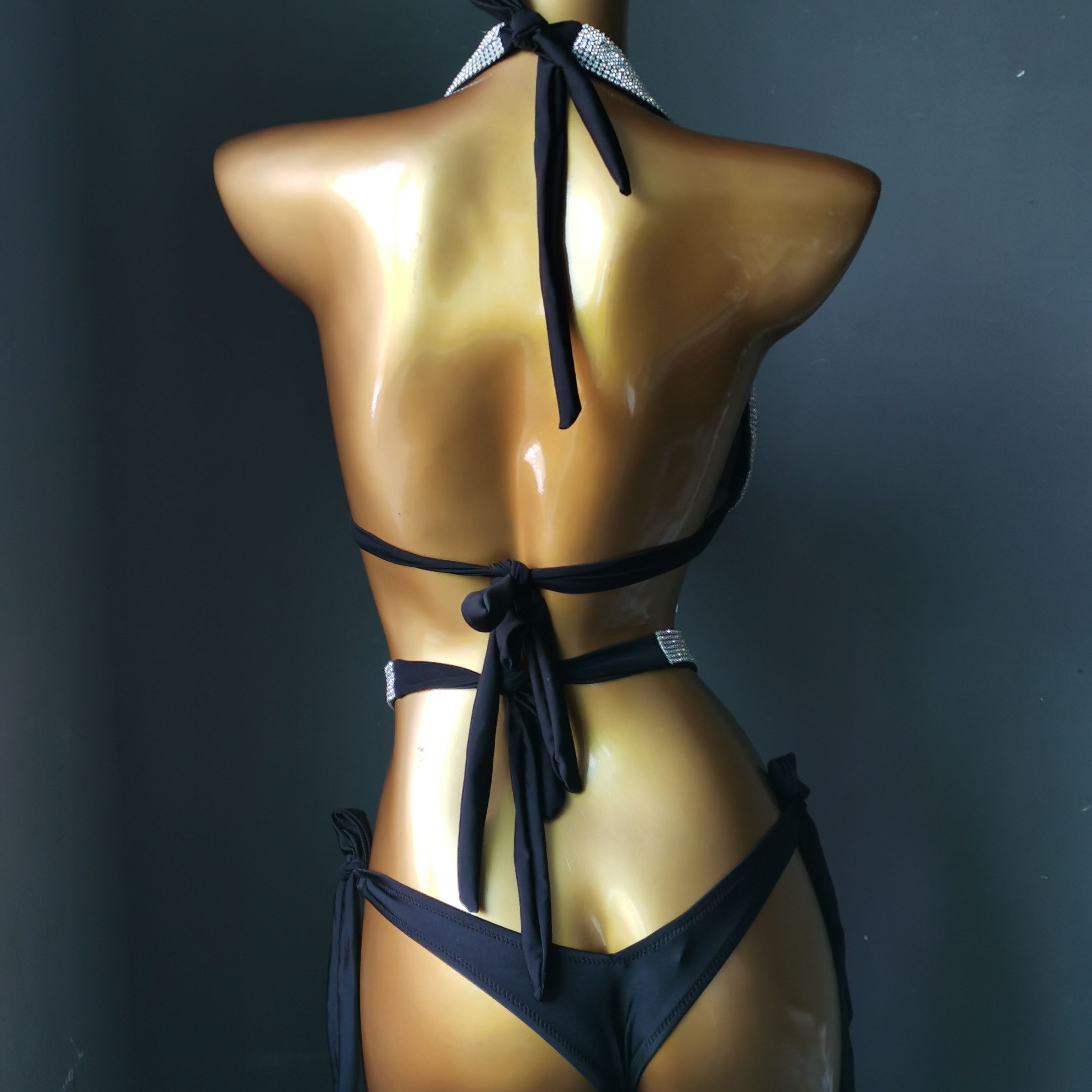 Sexy Gathered Bikinis Crystal Diamond Rhinestone Women's Swimwear Push Up Halter Bandage Female's Swimsuit