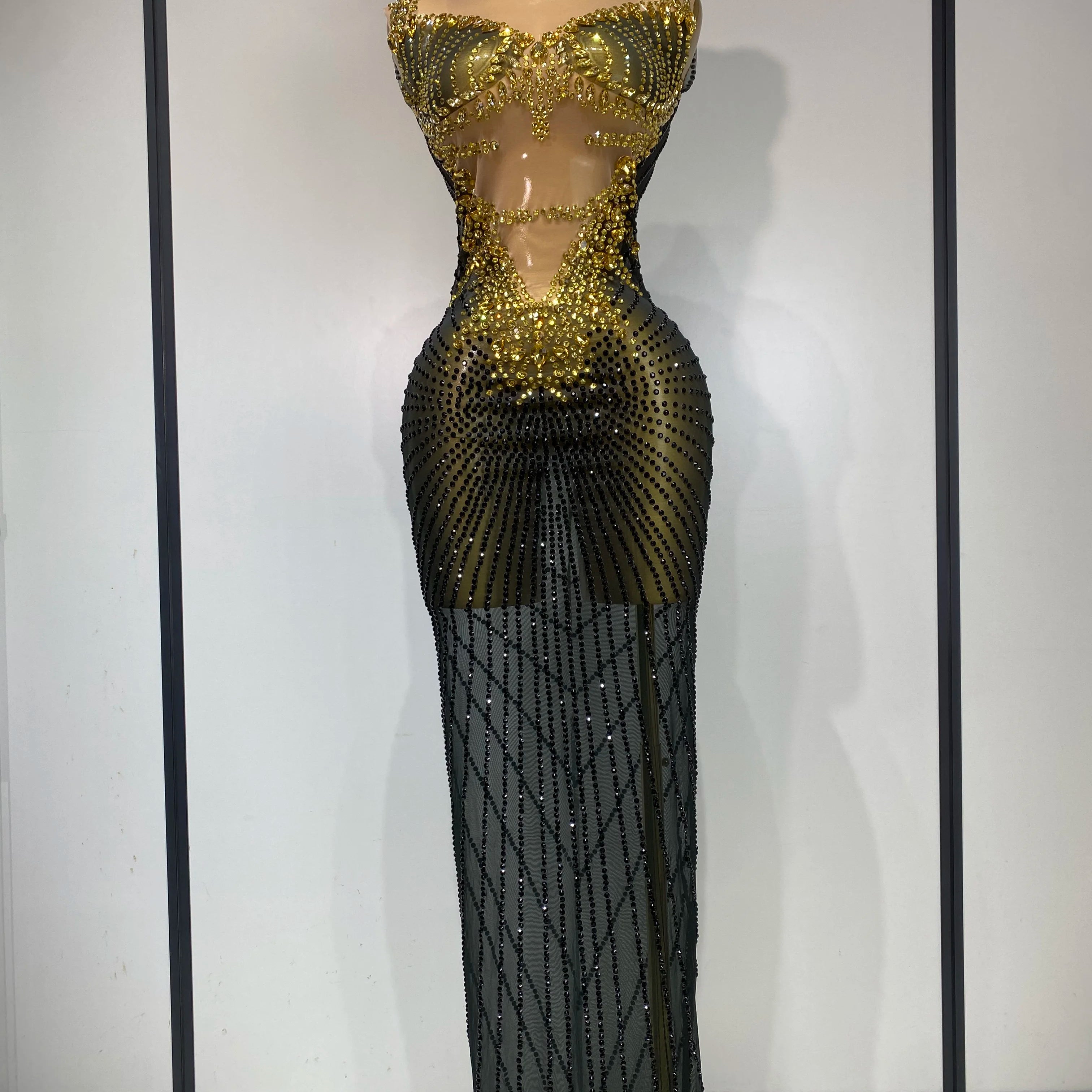 Women Sexy Sparkly Rhinestones Sleeveless Long Dress 2025 Club Birthday Celebrate Evening Photo Shoot Stage Performance Costume Black