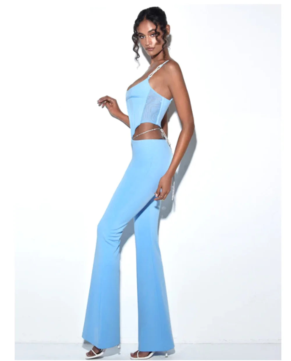 High quality Blue Black Chain Sexy Two Pieces Set Bodycon Rayon Bandage Set Evening Party Sexy Fashion Outfit