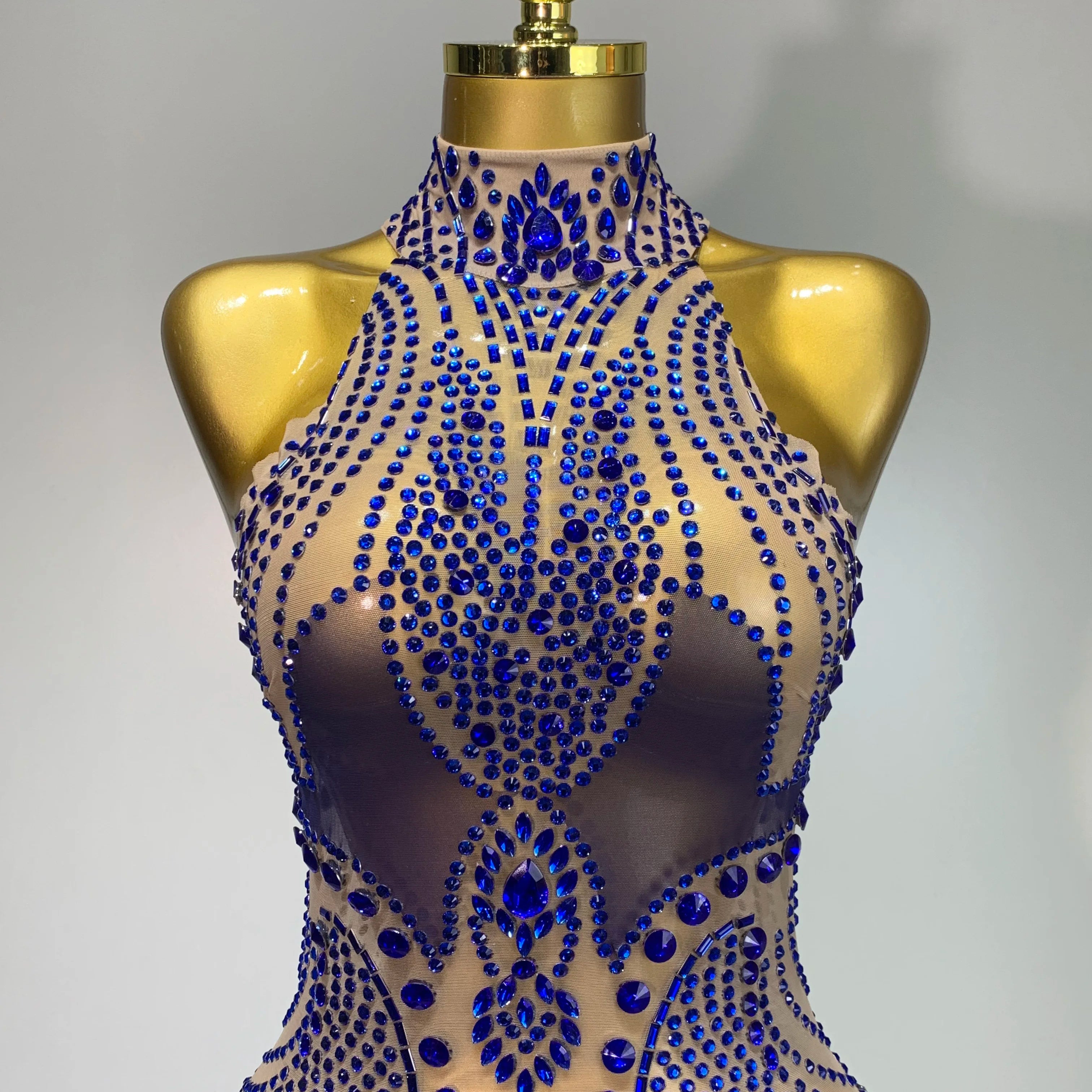 Luxury Birthday Dress Women Rhinestones Sexy Transparent Mesh Mini Dress Evening Party Nightclub Stage Performance Costume