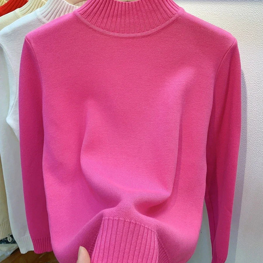 Candy Color Half Turtleneck Sweater Pullover Women Fall Winter Slim Soft Knitwear Jumper Korean Casual Warm Knit Long Sleeve Top rose red