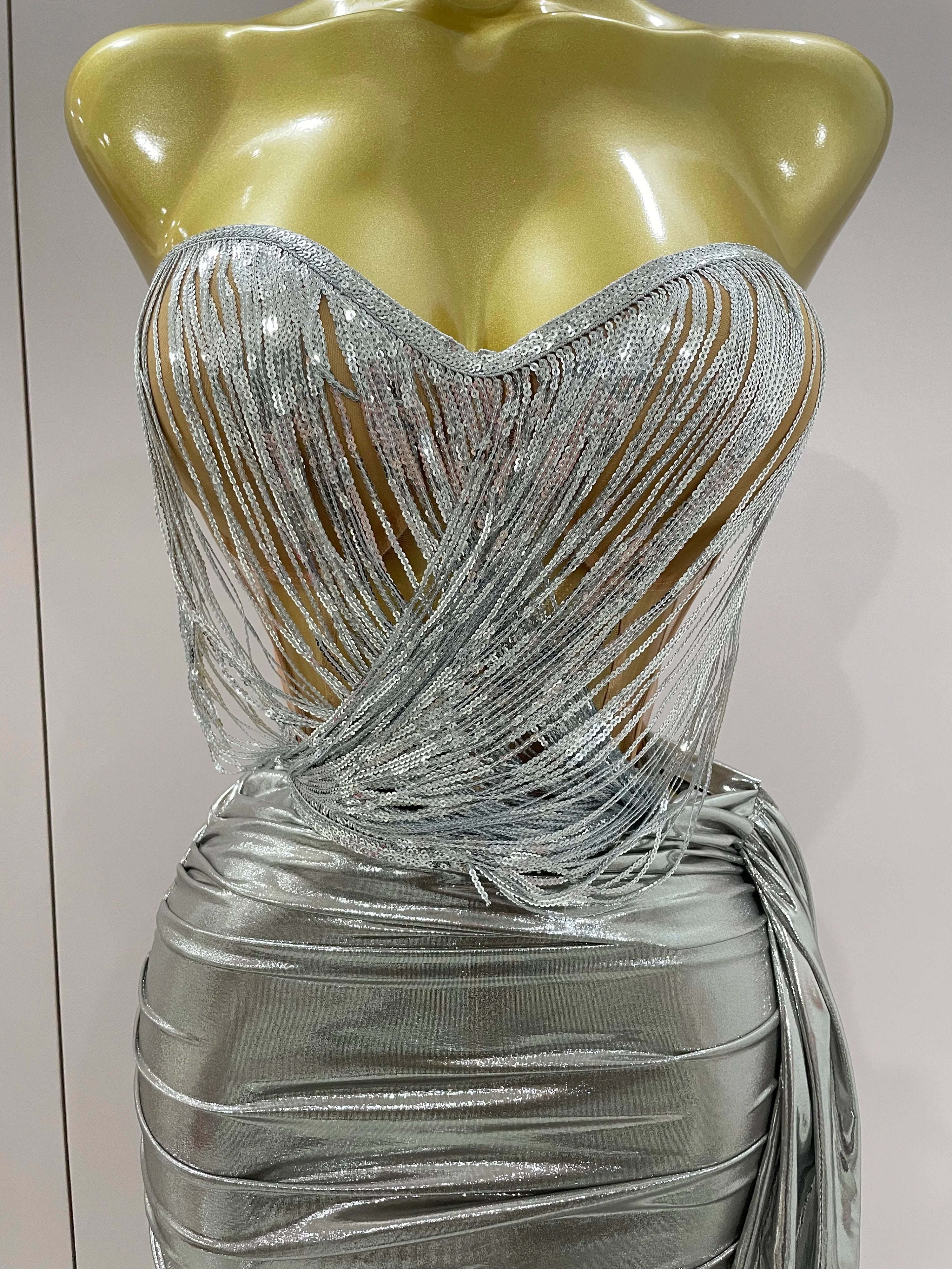 STOCK 2025 New Sexy Strapless Sequin Top Short Skirt 2 pcs Set Women Party Celebrate Nightclub Singer Performance Stage Outfit