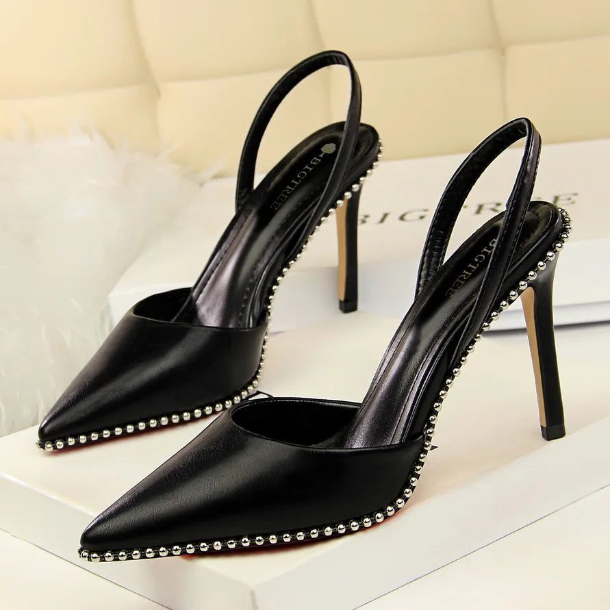 Women 9m High Heels Sandals Lady Suede Slingback Mules Sandles Summer Stripper Nightclub Dress Rivets Replica Hollow Party Shoes Black Leather