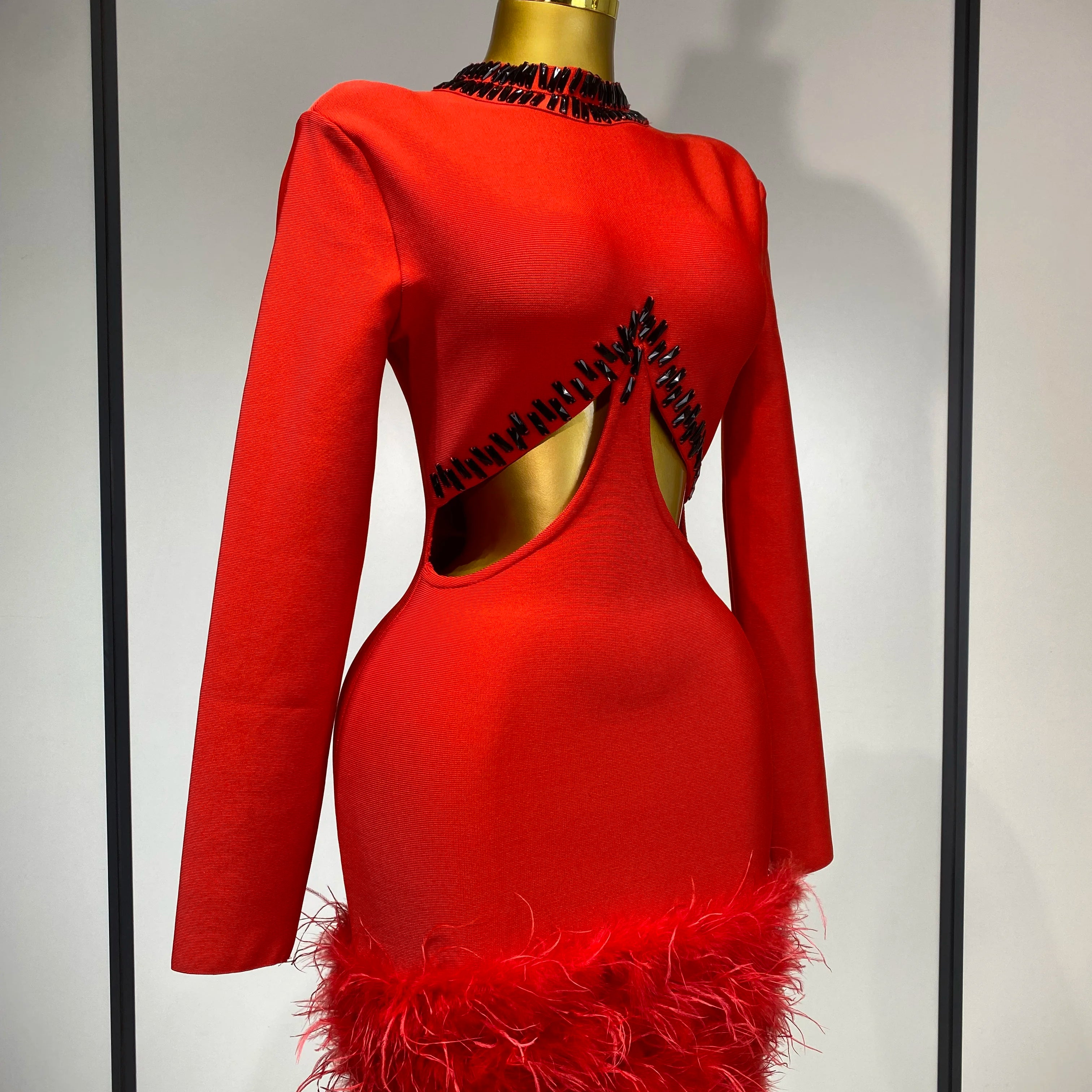 Women Sexy Cut Out Long Sleeve Beading Feather Red Mini Bandage Dress Celebrity Elegant Evening Party Luxury Birthday Dresses