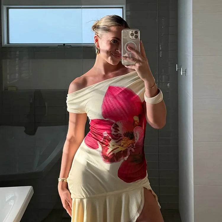 Lady Irregular Pleat Hem Print Dress Fashion Off Shoulder Ruffle Hem Mesh High Slit Vestido Summer Church Dresses For Woman 2025