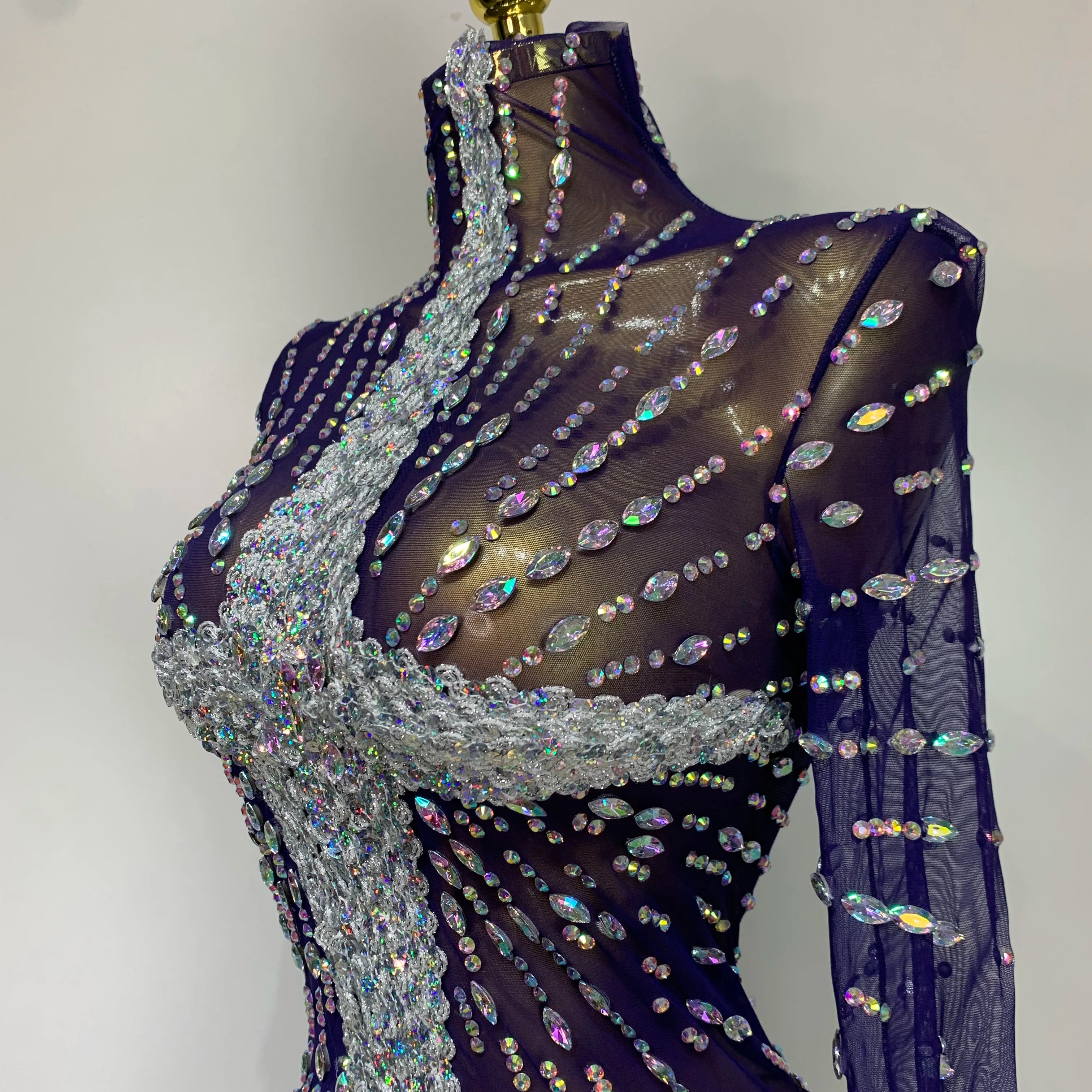 Sparkly Diamonds Mesh See Through Long Sleeves Mini Dress Women Eveing Birthday Party Sexy Nightclub Bar Singer Stage Costume