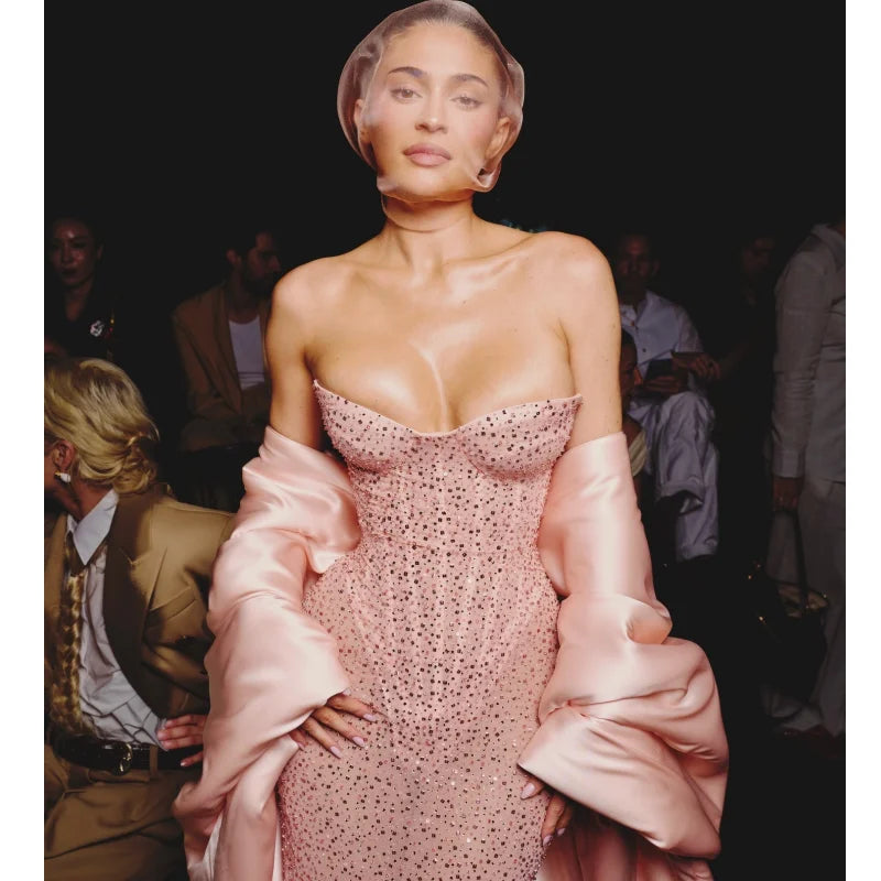 Pink Color Dazzling Diamonds Strapless Ankle Length Evening Dress Woman Birthday Party Dress Celebrity Evening Party Outfit