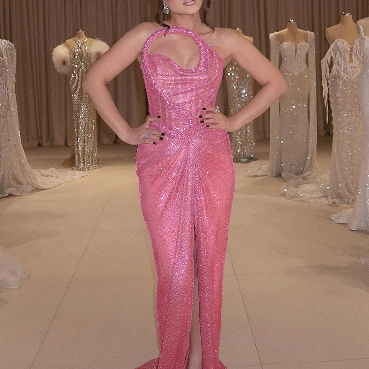 Party Artistic Glam Pink Mesh Sequin Strapless Backless Dress with High Slit Galas Gown