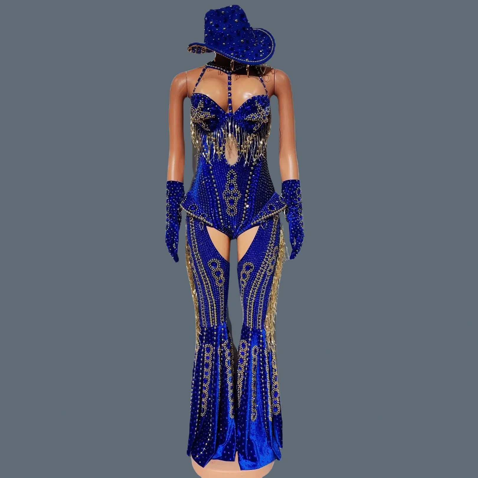 Sparkly Rhinestone Tassel Luxury Bodysuit 4Piece Set Cowboy Night Out Party Outfit Stage Show Jumpsuit Carnival Wear Hongding Blue Jumpsuit