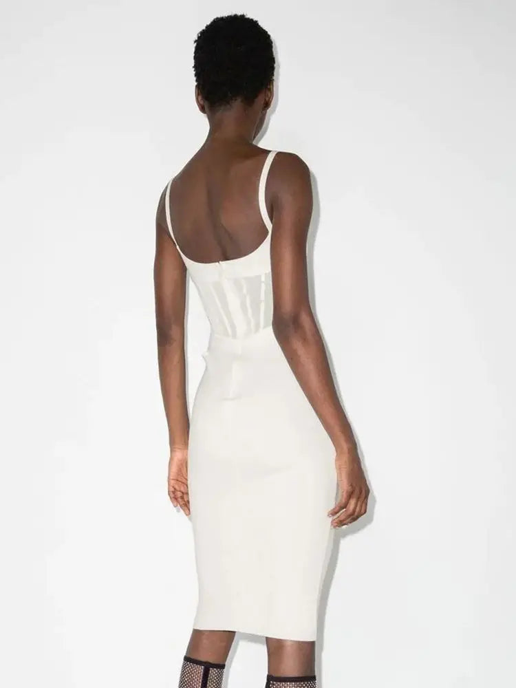 Ailigou New Summer Women's Sexy Sleeveless Tight Fit Midi Bandage Dress with Hollow Lace Elegant Celebrity Party Club Dress