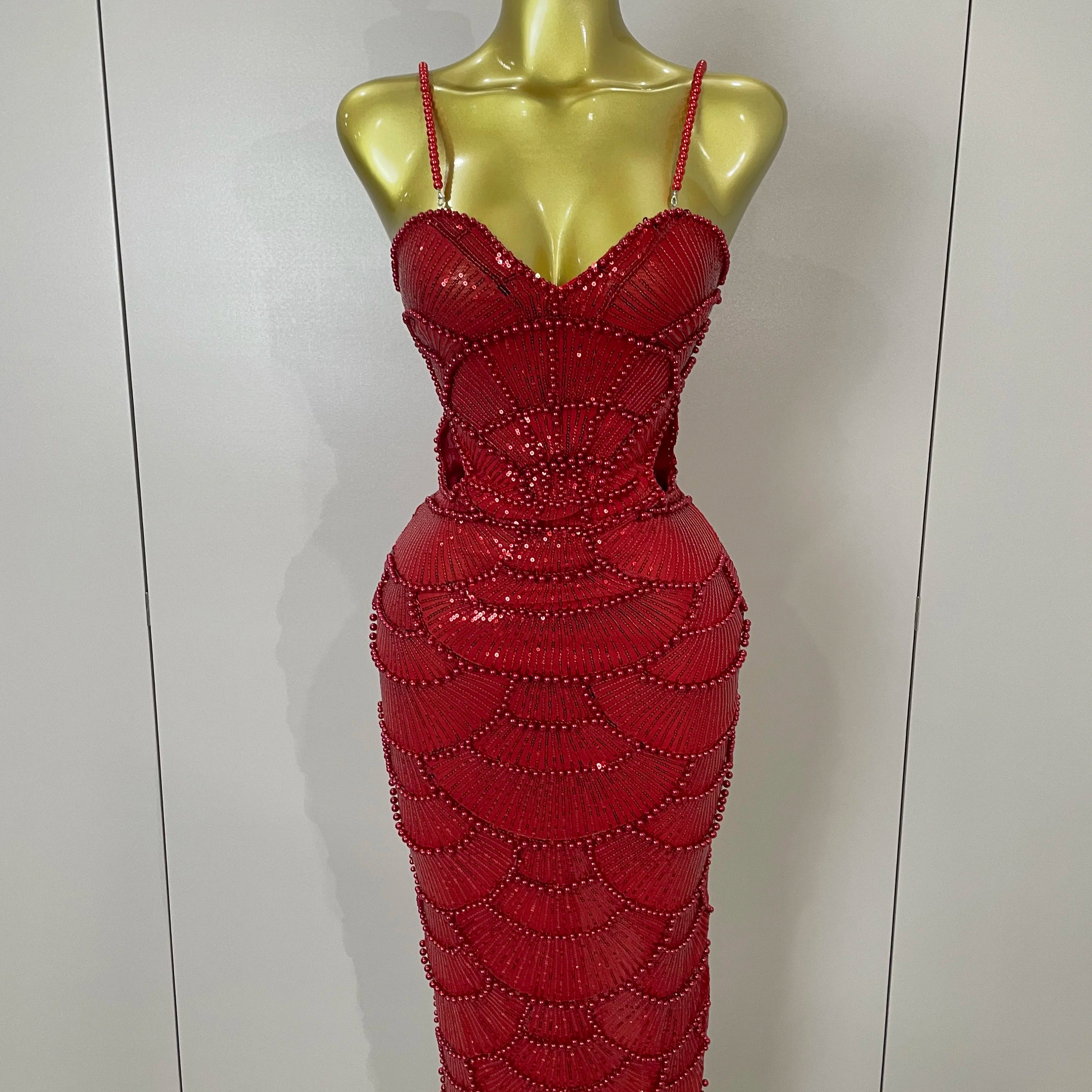 Women Hot Sale Sleeveless Sexy Strap Pearl Beading Sequins Bodycon Long Dress Celebrate Evening Party Birthday Outfit Vestido Red