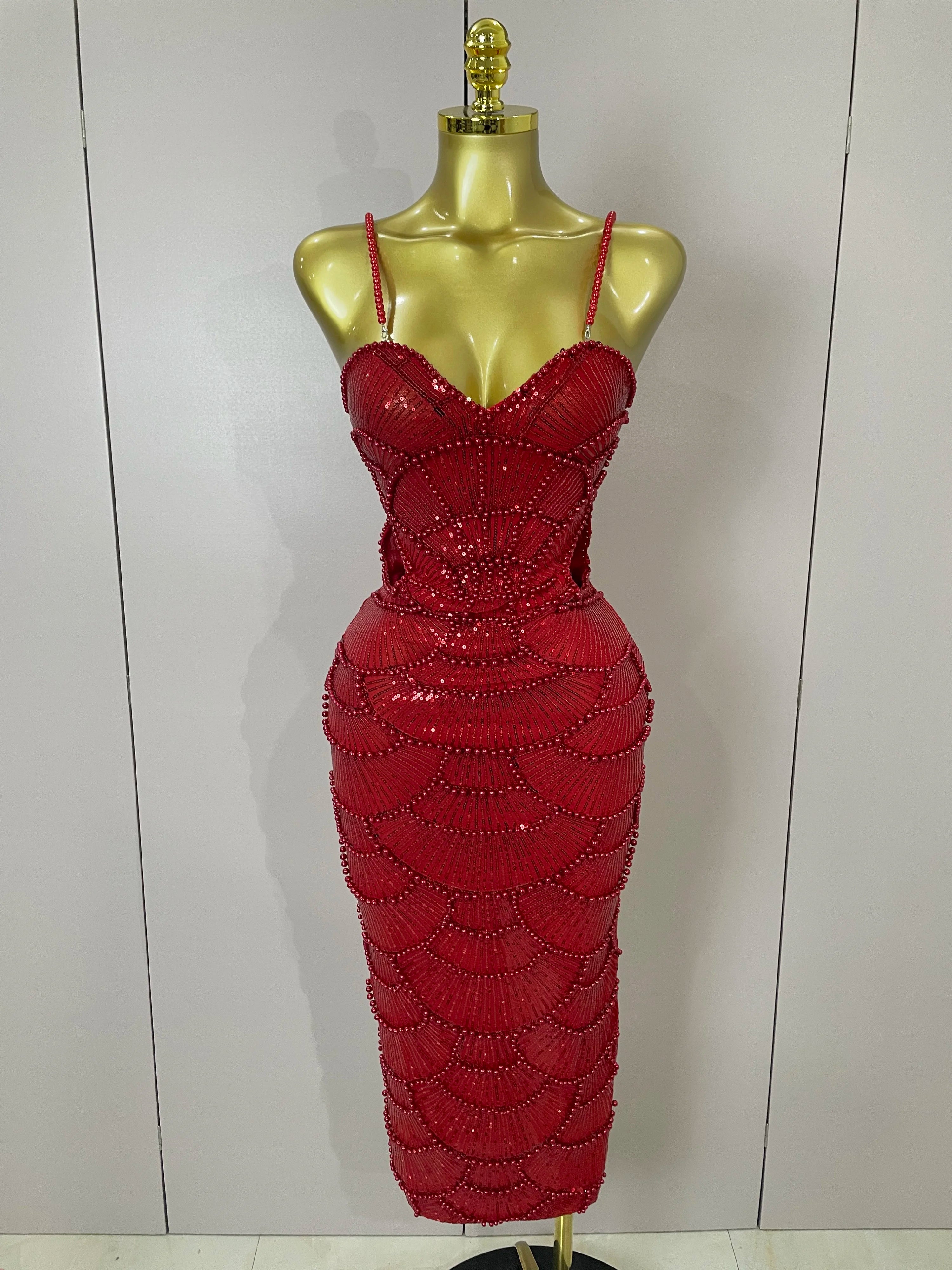 Women Hot Sale Sleeveless Sexy Strap Pearl Beading Sequins Bodycon Long Dress Celebrate Evening Party Birthday Outfit Vestido Red