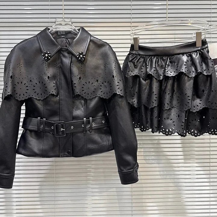 Winter New Fashion Women's Two-pieces Set For Women Hollow Out Shawl Quilted Leather Jacket Cake Skirt Female 11A07466