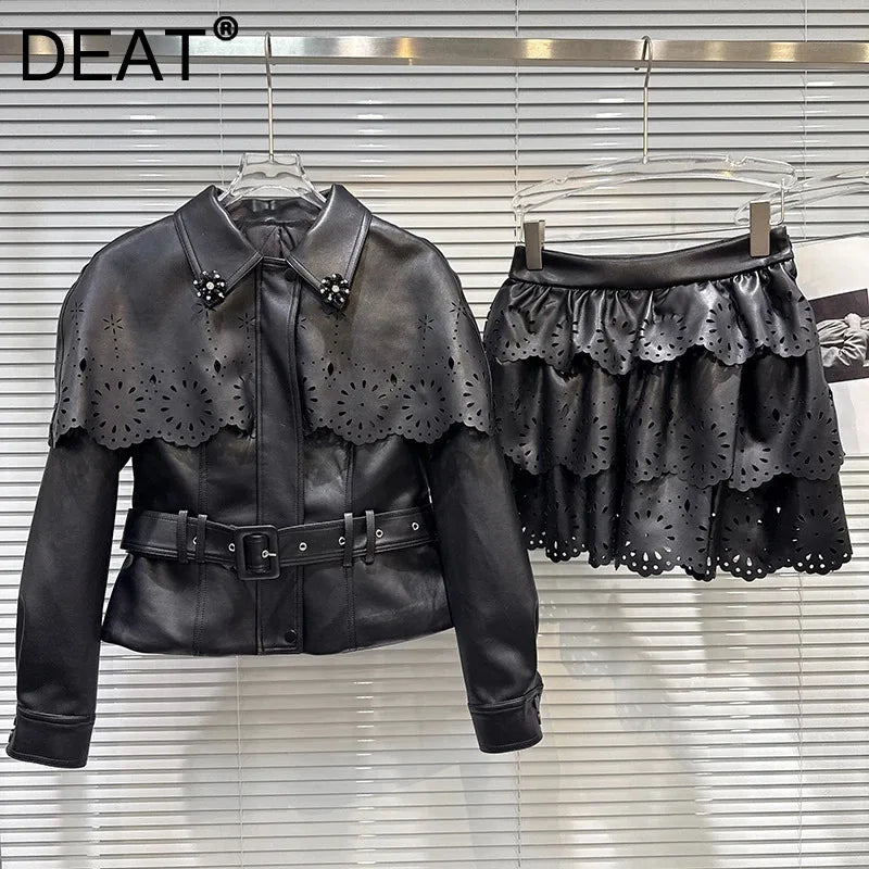 Winter New Fashion Women's Two-pieces Set For Women Hollow Out Shawl Quilted Leather Jacket Cake Skirt Female 11A07466
