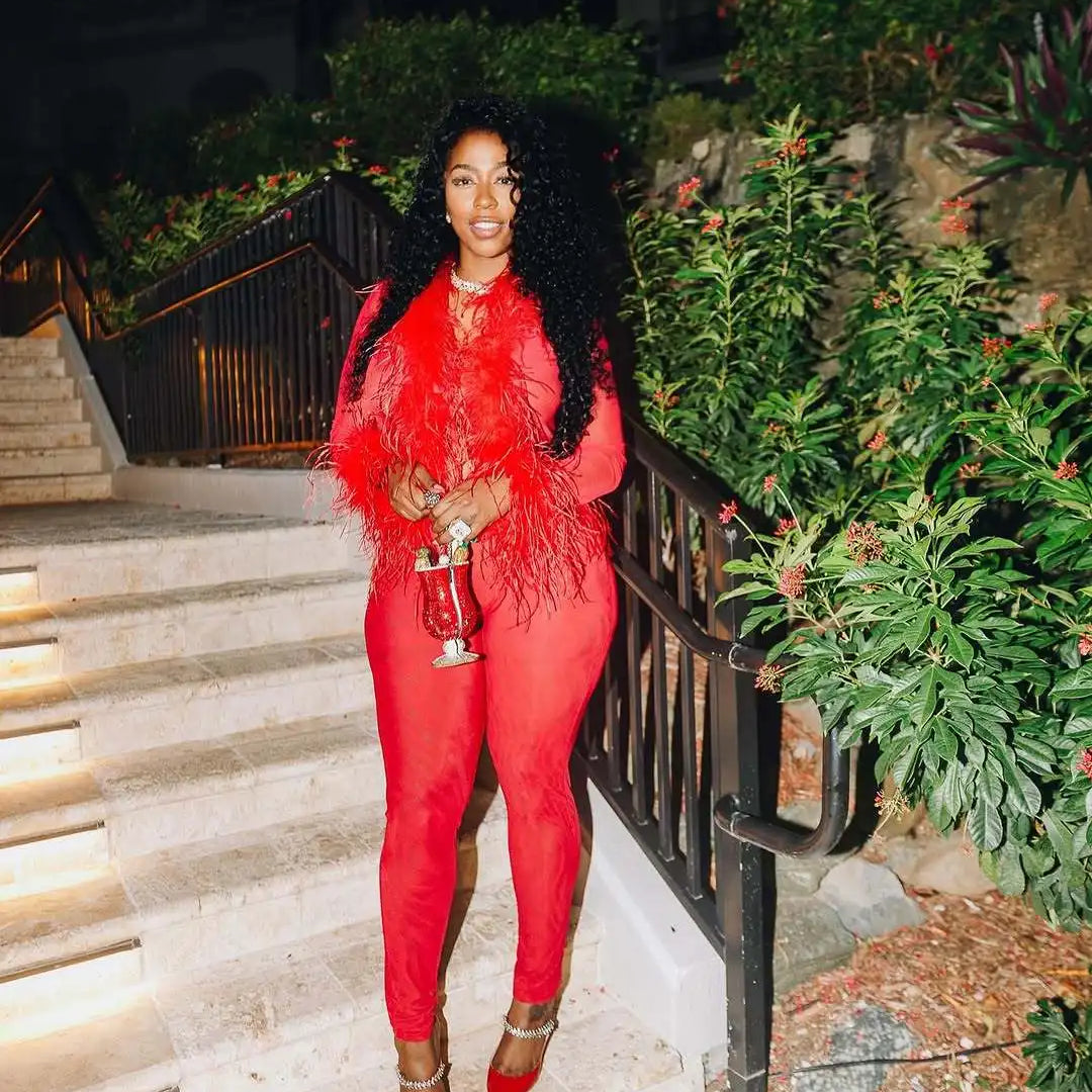 Fashion Mesh See Though Women's Set Feather Side Long Sleeve Crop Top and Legging Pants 2025 Sexy Two 2Piece Sets Outfit Red