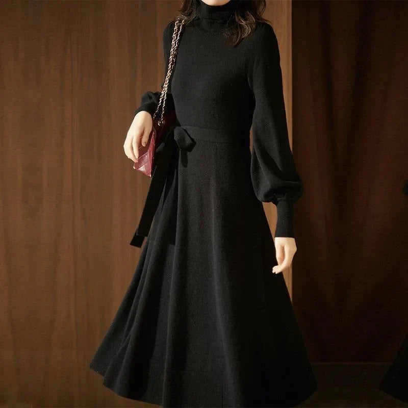 Dress Women's Autumn and Winter Knitted Thickened High Neck Long Sleeve Solid Color with Coat Medium Long Warm Fashion Elegant black