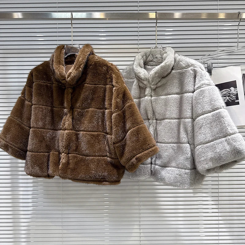 Winter New Fashion Versatile Stand Collar Faux Fur Shawl Coat For Women High Quality Solid Color Top Female 11A07758