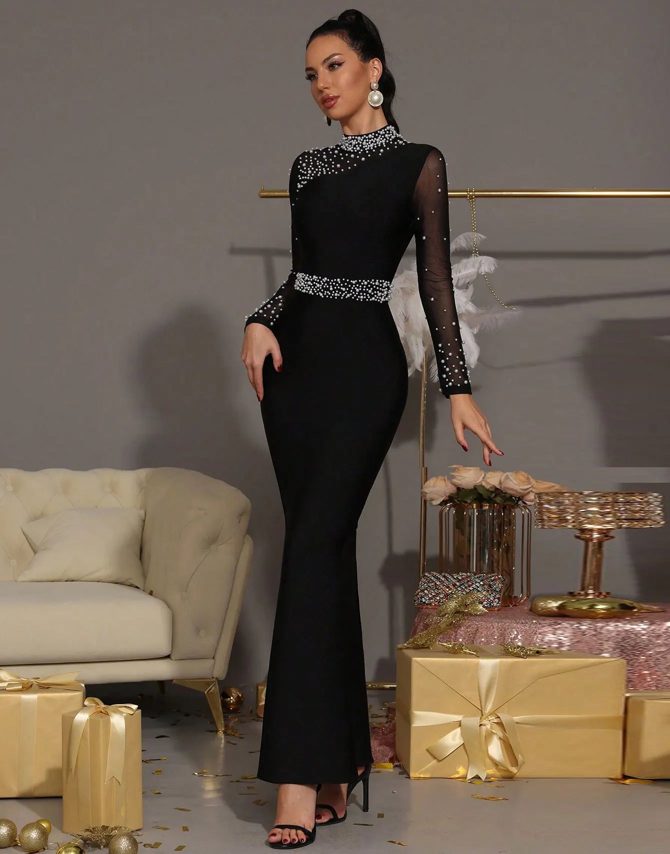 2025 Sexy Women Light Luxury Nail Bead Patchwork Bandage Dress Stand Collar Long Sleeved Bodycon Black Long Dress Party Vestidos black