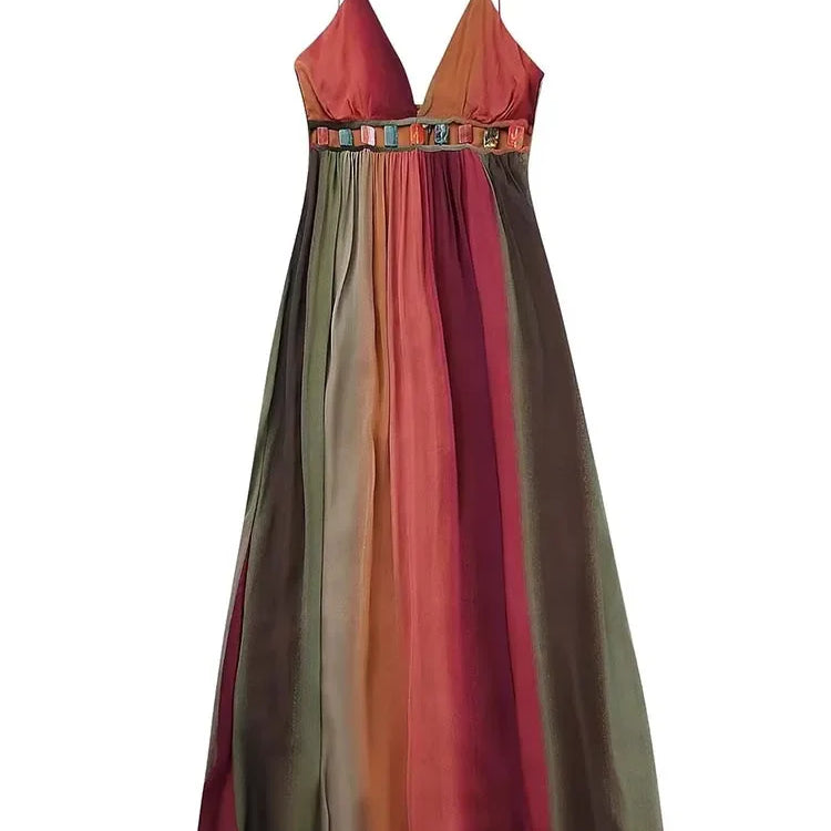 Sexy Backless Slip Long Chiffon Beach Sling Dress For Women Summer Vacation Contrasting V Neck Holiday Beachwear Dresses As Show