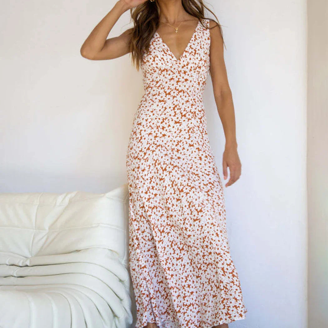 Floral Print Female Long Dress High Waist Lace-up V-neck Slim Sleeveless Fashion Sundress Casual Summer Dress Vestido Robe A93 coffee