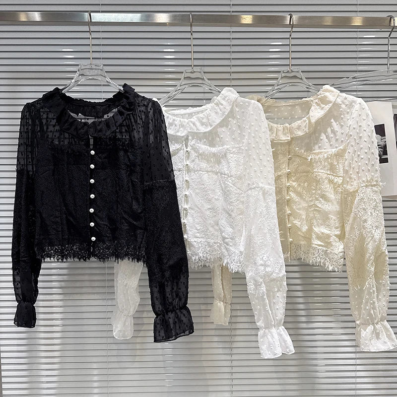 Winter New Fashion Sweet Pearl Button Patchwork Design Lace Blouse For Women Versatile Small Shirt Female 11A07895