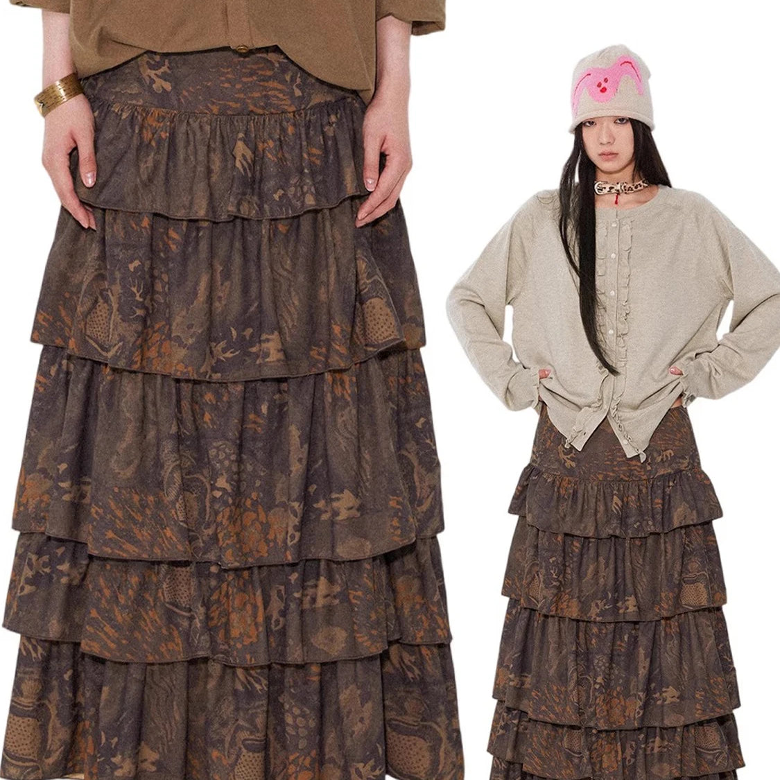 Lautaro Spring Long Soft Flowy Colorful Floral Print Tiered Midi Skirt Women High Waist High Quality Luxury Designer Clothes