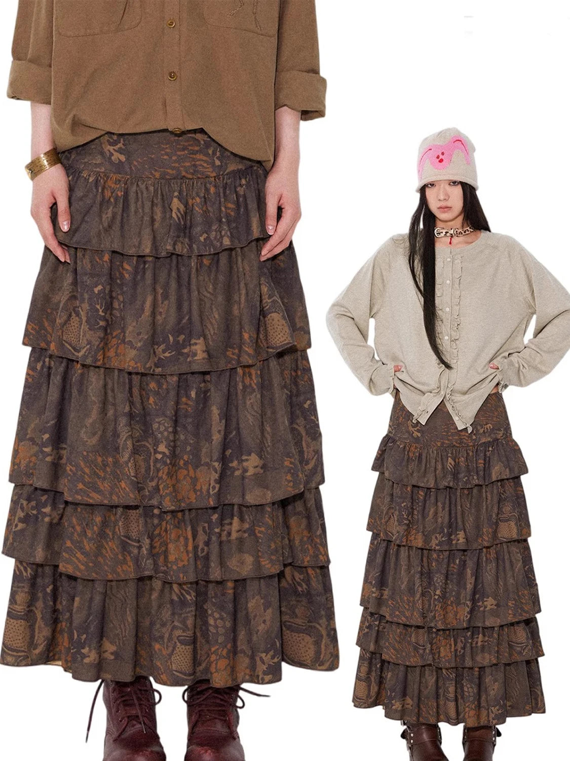 Lautaro Spring Long Soft Flowy Colorful Floral Print Tiered Midi Skirt Women High Waist High Quality Luxury Designer Clothes