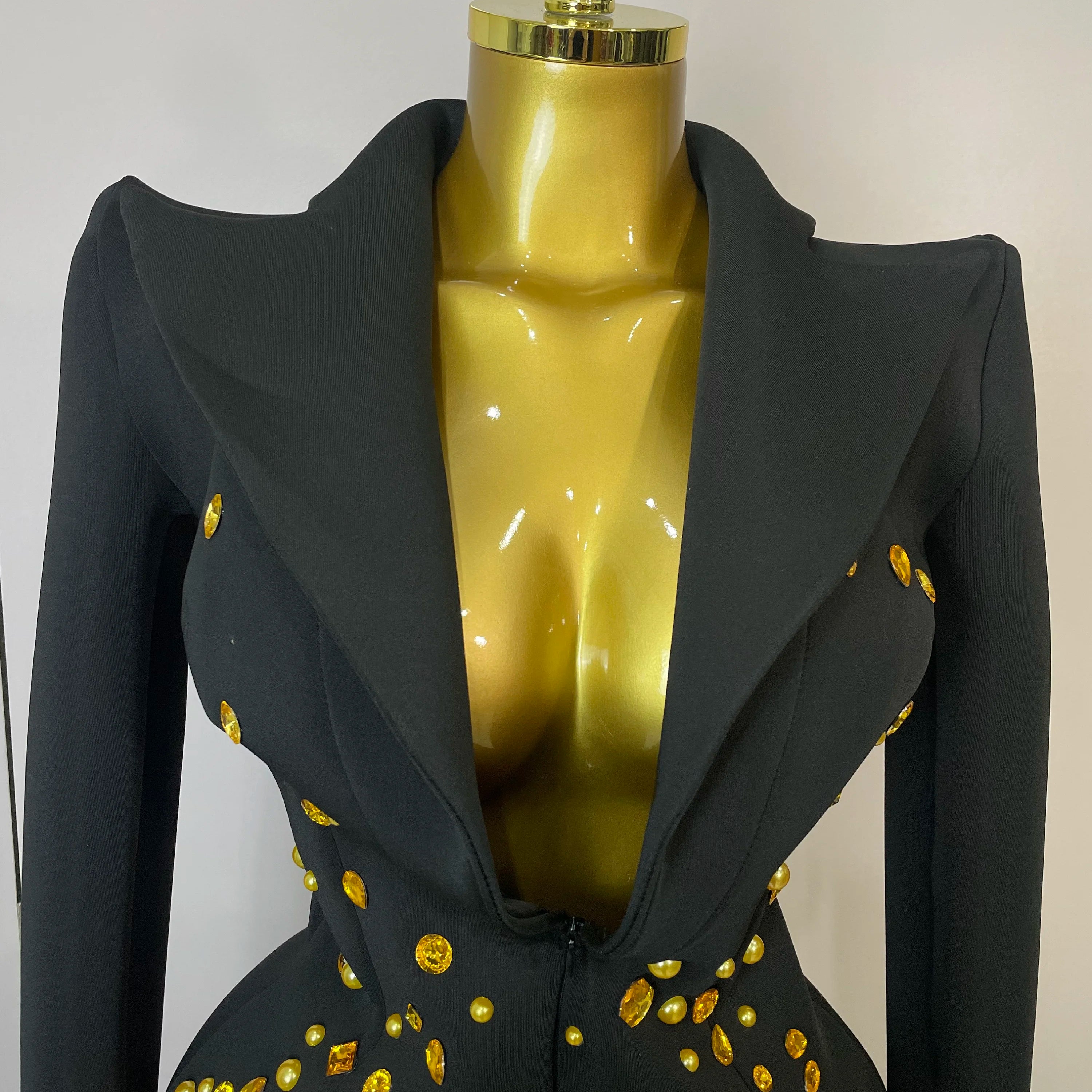 Sparkly Crystal Chains Pearls Long Sleeve Mini Dress 2025 Women Birthday Evening Party Nightclub Outfit Singer Wedding Costume