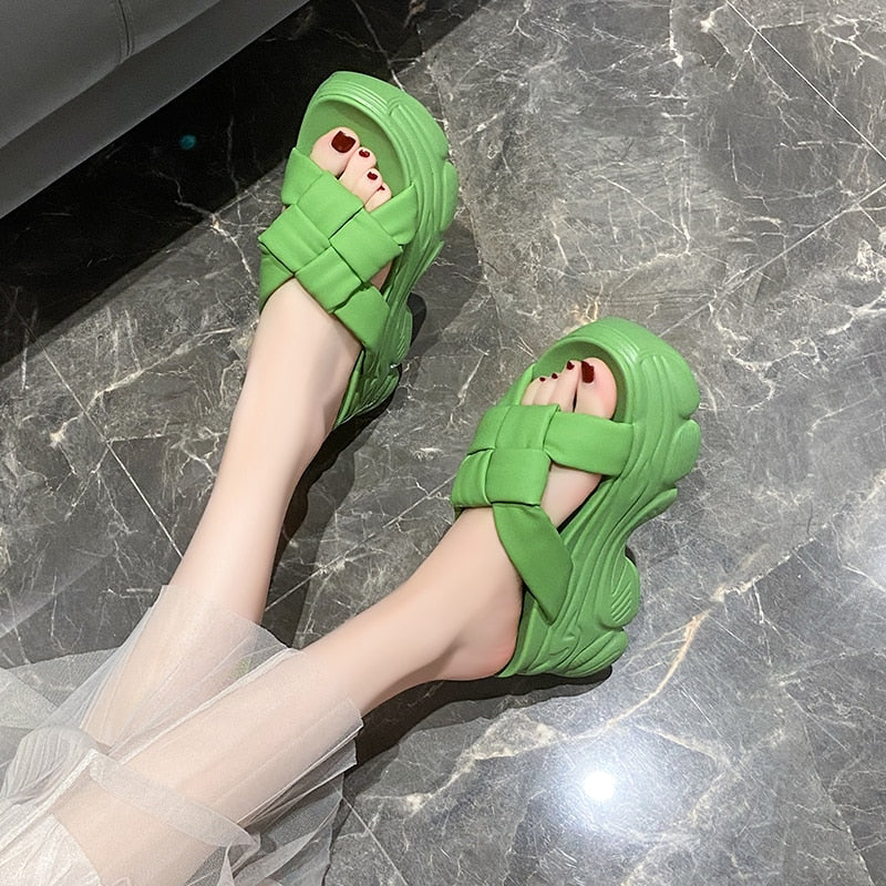 Thick Soles Leather Sandals Women 7.5CM High Platform Slippers Solid Color Woman Chunky Summer Casual Beach Slides Zapatos Mujer